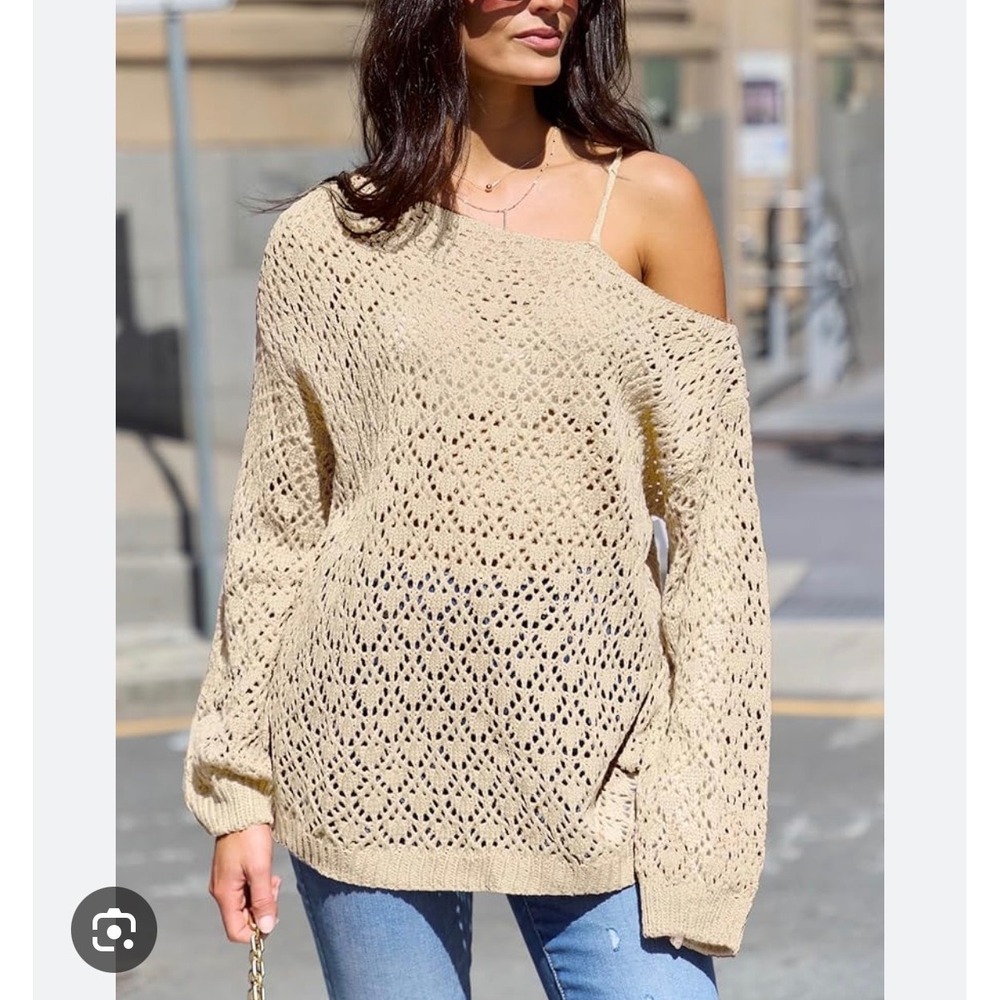 One Shoulder Knit Sweater Top Oversized Pullover Lightweight Casual Chic - Picture 1 of 5